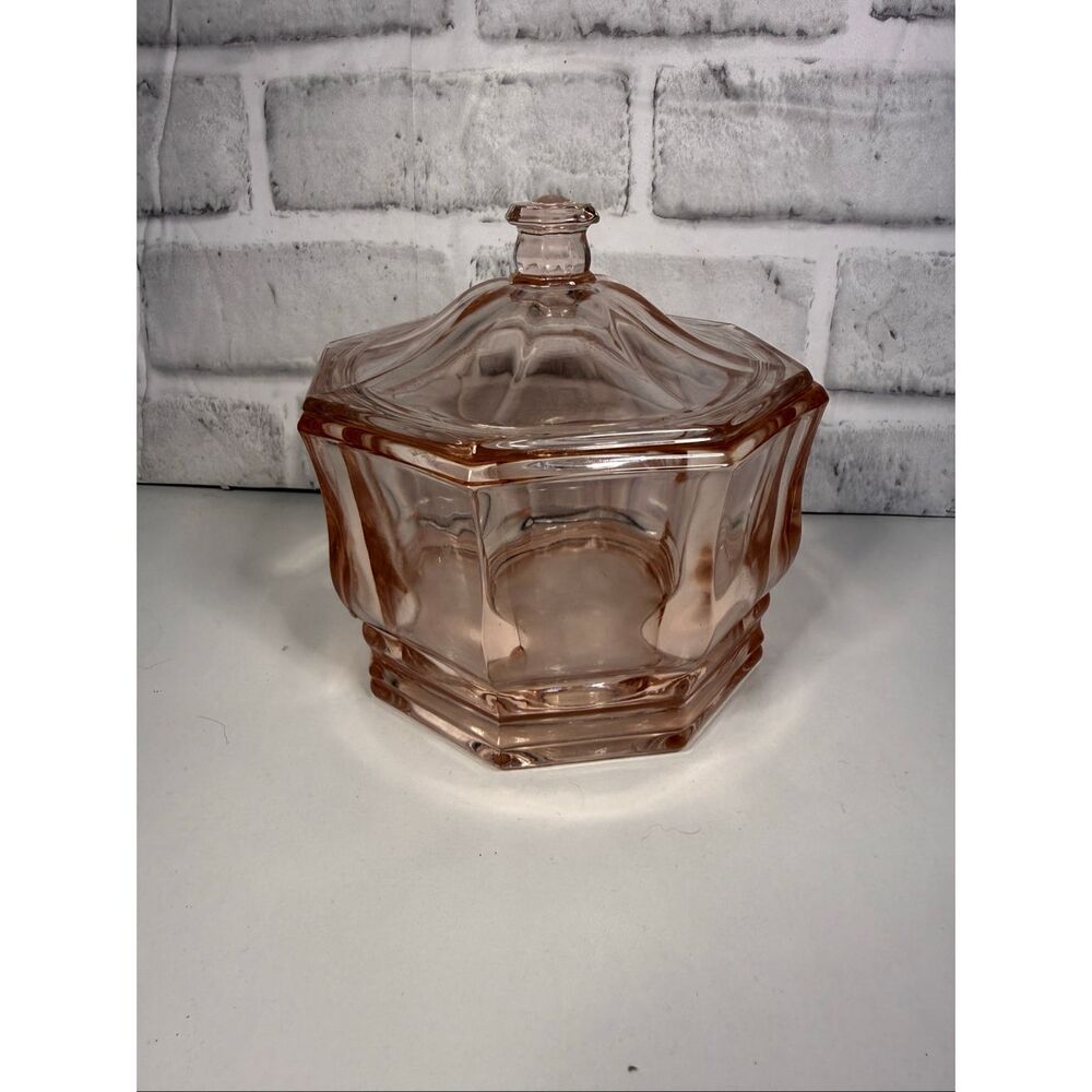 Vintage Pink Indiana Glass Concord Pattern Octagon Covered Candy Dish Vanity Jar
